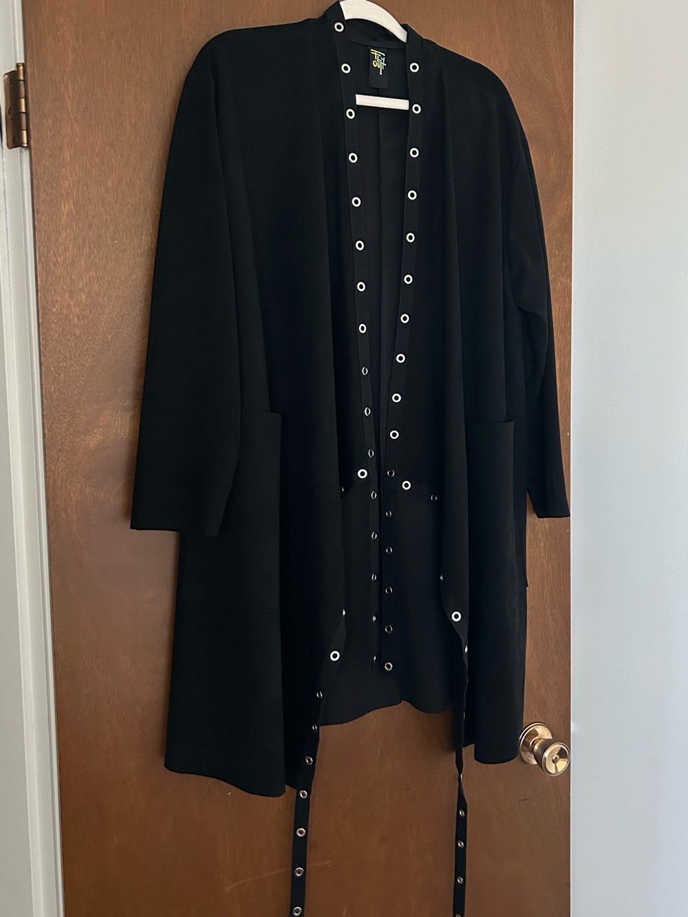 Black Eyelet-Trim Open Suede Cardigan